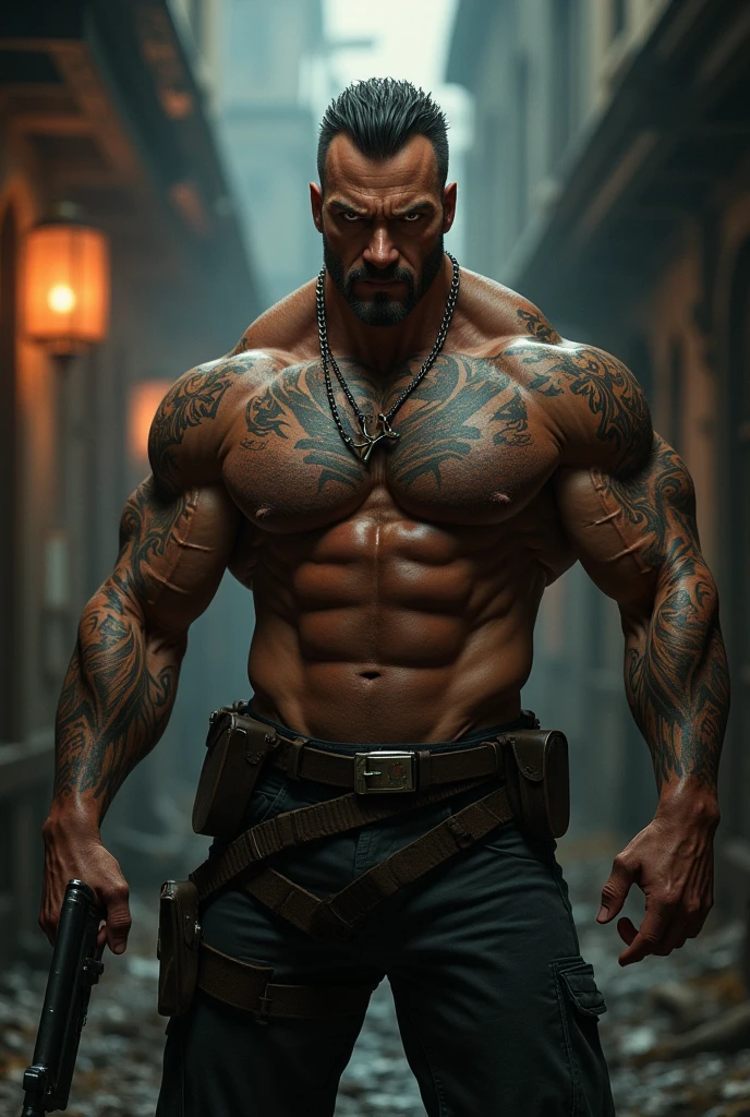 Brown eyed man with muscular body with gun in hand Light brown eyes tattoo on body mafia face