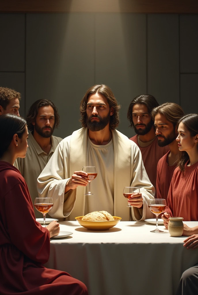 To create a modern reinterpretation of "the last supper" that maintains the essence of the institution of the Catholic Priesthood and the Eucharist, you can follow these ideas:
### 1. **Current Context without Changing Essential Elements**
- **Contemporary Table**: Keep Jesus and the Apostles at a Modern Table, but keeping the bread and wine, which are the central elements of the Eucharist. The table can be simple, representing a current meal, but with the symbolism of the body and blood of Christ being preserved.
- **Modern Clothing**: The apostles and Jesus may be dressed in contemporary clothing, such as suits or casual attire, but maintaining the seriousness and reverence of the scene.
### 2. **modern church**
- **Scenario in a Contemporary Church**: Set the scene in a modern chapel or church, with contemporary architecture, keeping the table as the altar, where bread and wine continue to be the central focus of the meal.
- **Liturgical Elements**: Include current liturgical objects, like modern chalices and patens, to highlight the continuity of tradition and the Eucharist in the contemporary context.
### 3. **Modern Priests**
- **Jesus as a Modern Priest**: Portray Jesus as a contemporary priest, possibly wearing a modern stole, while the apostles could be seminarians or community members, reflecting the continuing role of the priesthood in the Church today.
- **Modern Eucharist**: Maintain the gesture of consecration of bread and wine, but do so in an environment where the focus is clearly on the institution of the Priesthood and the Eucharist, as in a current Mass.
### 4. **Contemporary Christian Community**
- **cultural diversity**: Represent the apostles as members of different cultures or ethnicities, emphasizing the universality of the Catholic Church and the priesthood in a globalized world, without losing the centrality of the Eucharist.
- **Modern Community Environment**: The scene could take place in a community setting, like a parish hall