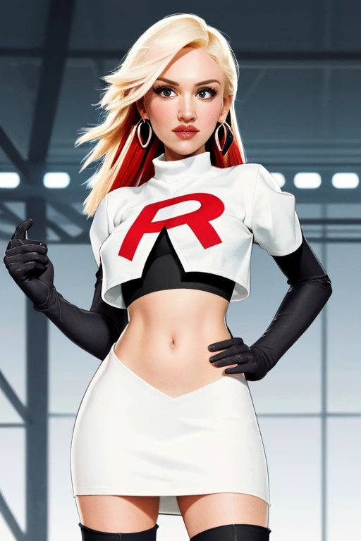 The face of Gwen stefani, 1girl, solo, team rocket,team rocket uniform,white skirt,red letter R,crop top,black thigh-highs,black elbow gloves, earrings, large breasts,