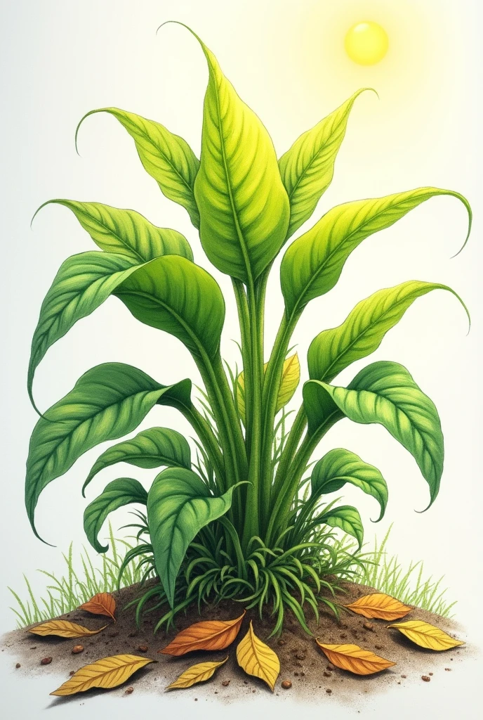 A drawing where there is a plant and you can see the fallen leaves on the floor, that the plant reflects what the solar radiation affected it