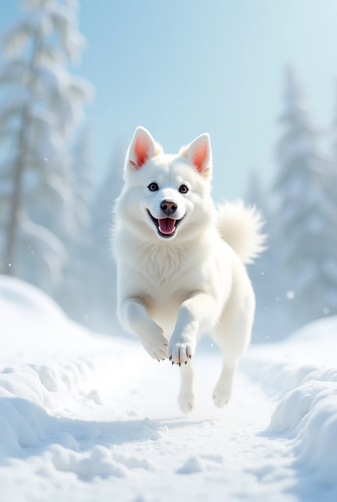 A white dog jumping in the snow