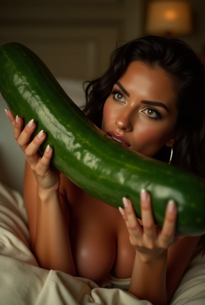 Hot girl naked in bed with a cucumber in her mouth