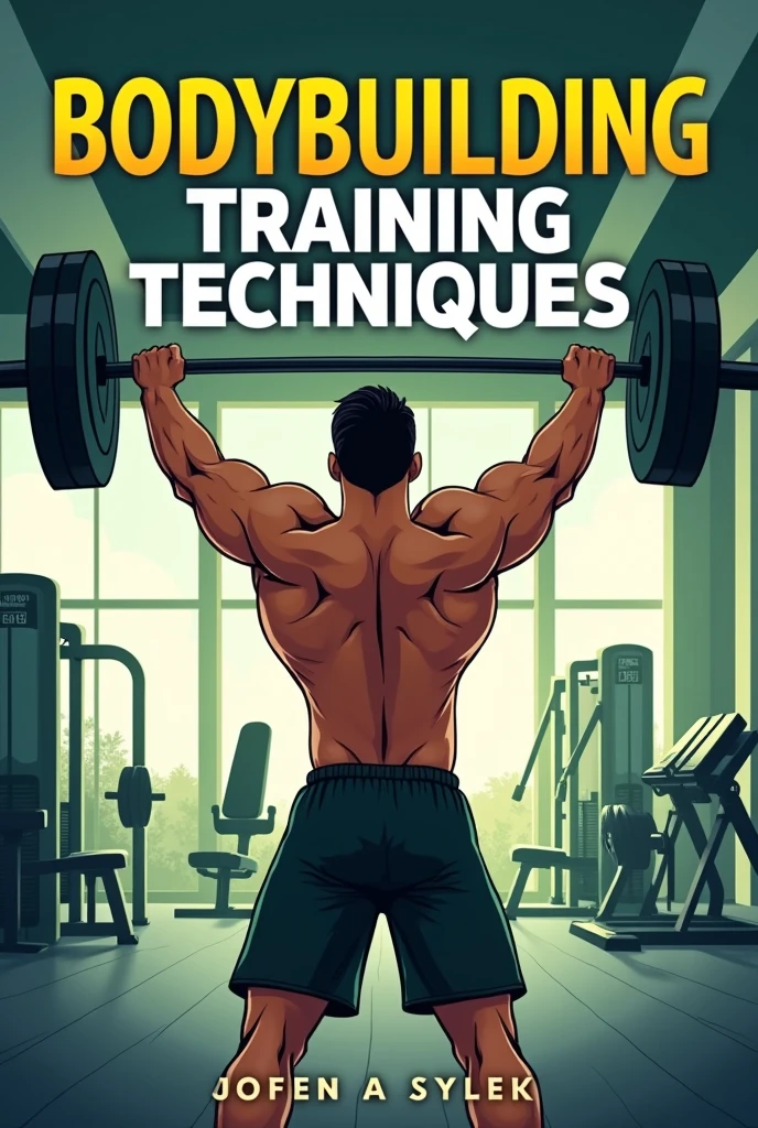 Illustrated figure lifting weights in a well-lit gym, surrounded by a motivational environment, Clean and modern, use colors in the green tone, yellow, white and black, The title of the ebook is BODYBUILDING TRAINING TECHNIQUES, must be displayed prominently and clearly, The layout should be balanced with a harmonious arrangement of visual and textual elements., creating an organized and pleasing appearance