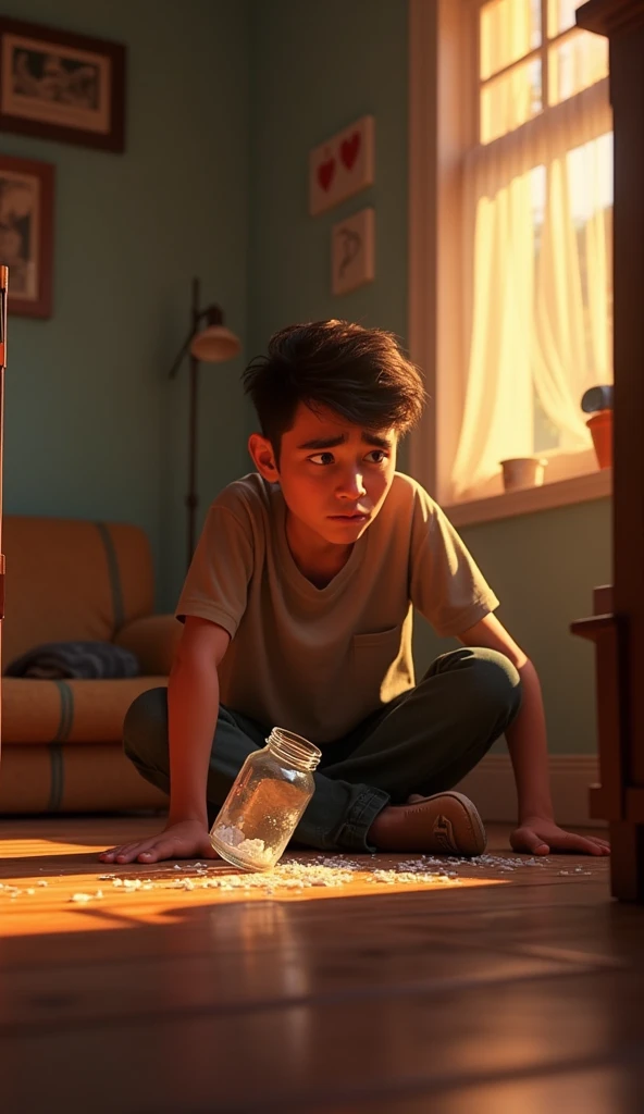 A sad young man dropping a glass jar at his house, at evening, pixar style, cinematic, masterpiece, high-aesthetic, portrait