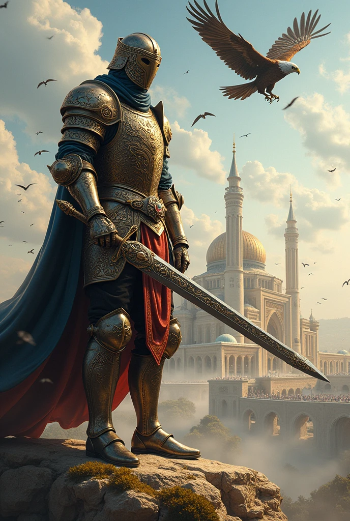 A persian knight staning on a large hill looking right
Wearing luxury armor
Holding down a sword in his right hand
Imam Reza Holy Shrine in background
Some birds flying high
An eagle flyng above knight's head