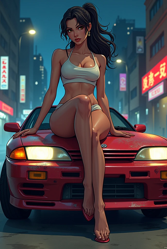 chun-li sitting in the hood of a nissan r32, old anime style 