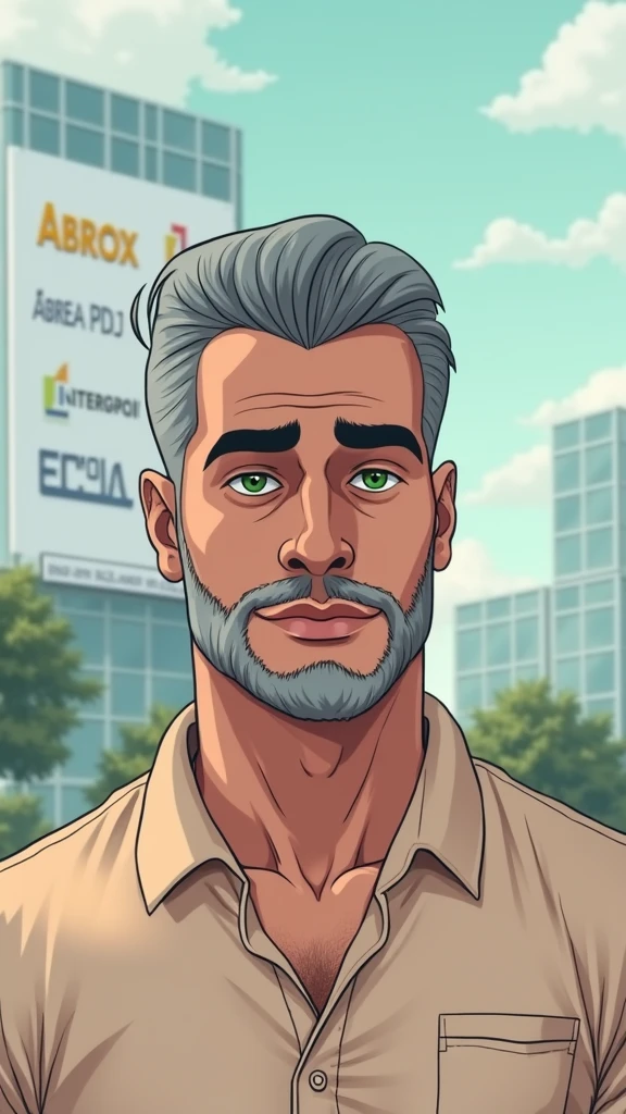 I would like to see the image of a cultured man, with excellent appearance, athletic build, wearing dark pants and a polo shirt, green eyes, gray hair and beard. In this image I would like to see a billboard in a commercial building, with the name of the following companies: HABITAX ABREU PDG INTERPROJ CYRELA ECOCIL BROKERS