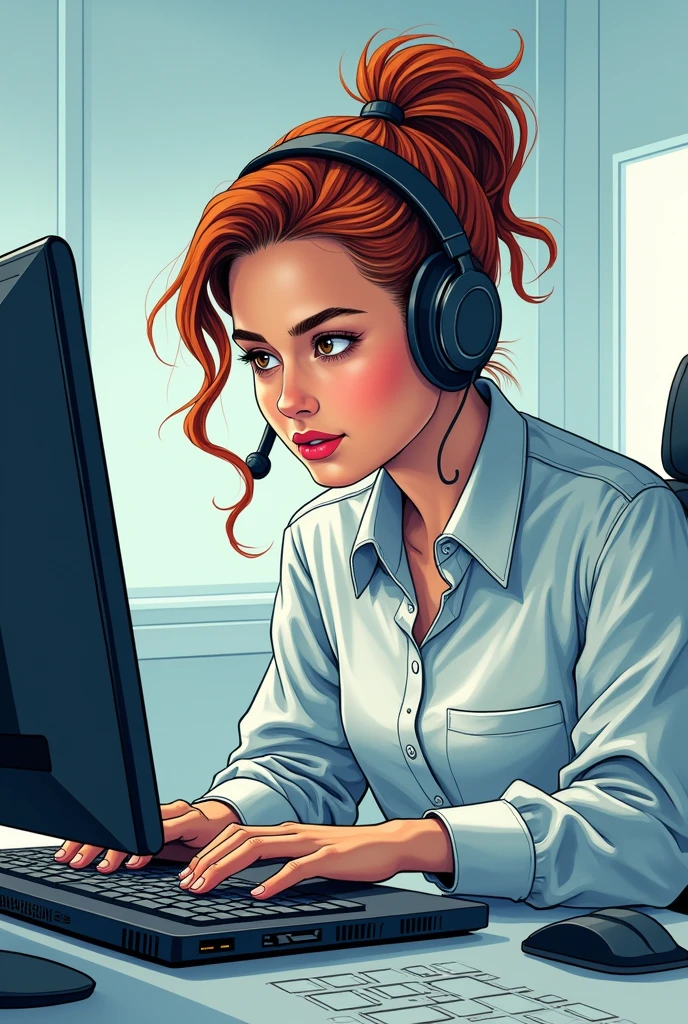 A female technician wearing a headset, meticulously configuring a laptop in a clean, minimalist workspace in the style of a comic book