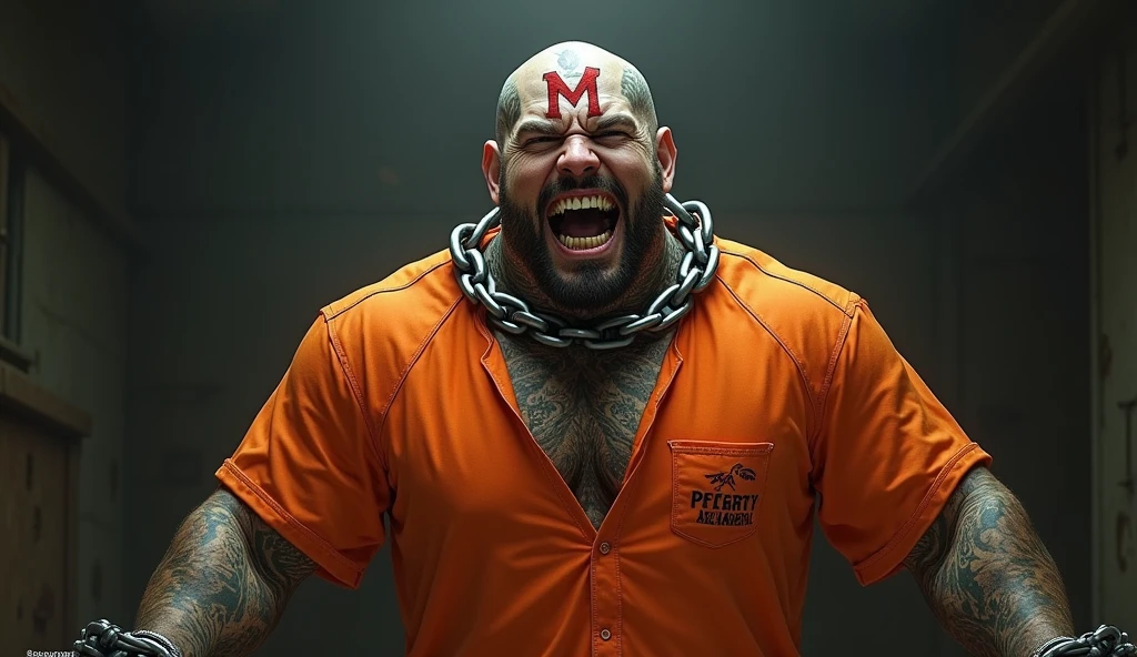 Create an image of a man in orange prison clothes, bald, tattooed all over his neck with a very large M on his forehead, standing with chains that are around his neck and thick chains, these chains are holding him as if he were a dog on a leash., He is in court being sentenced and laughing at the situation with a tattoo on his face too