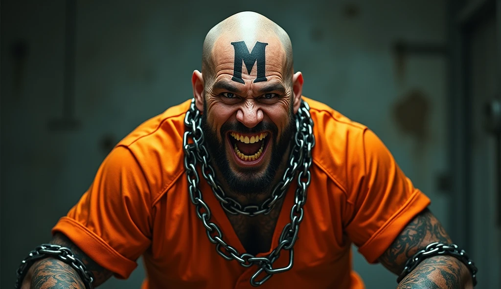 Create an image of a man in orange prison clothes, bald, tattooed all over his neck with a very large M on his forehead, standing with chains that are around his neck and thick chains, these chains are holding him as if he were a dog on a leash and he is laughing with gold teeth.