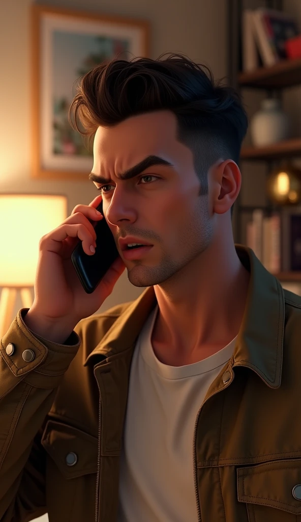 An angry handsome young man talking in the phone at his home, pixar style, cinematic, masterpiece, high-aesthetic, portrait