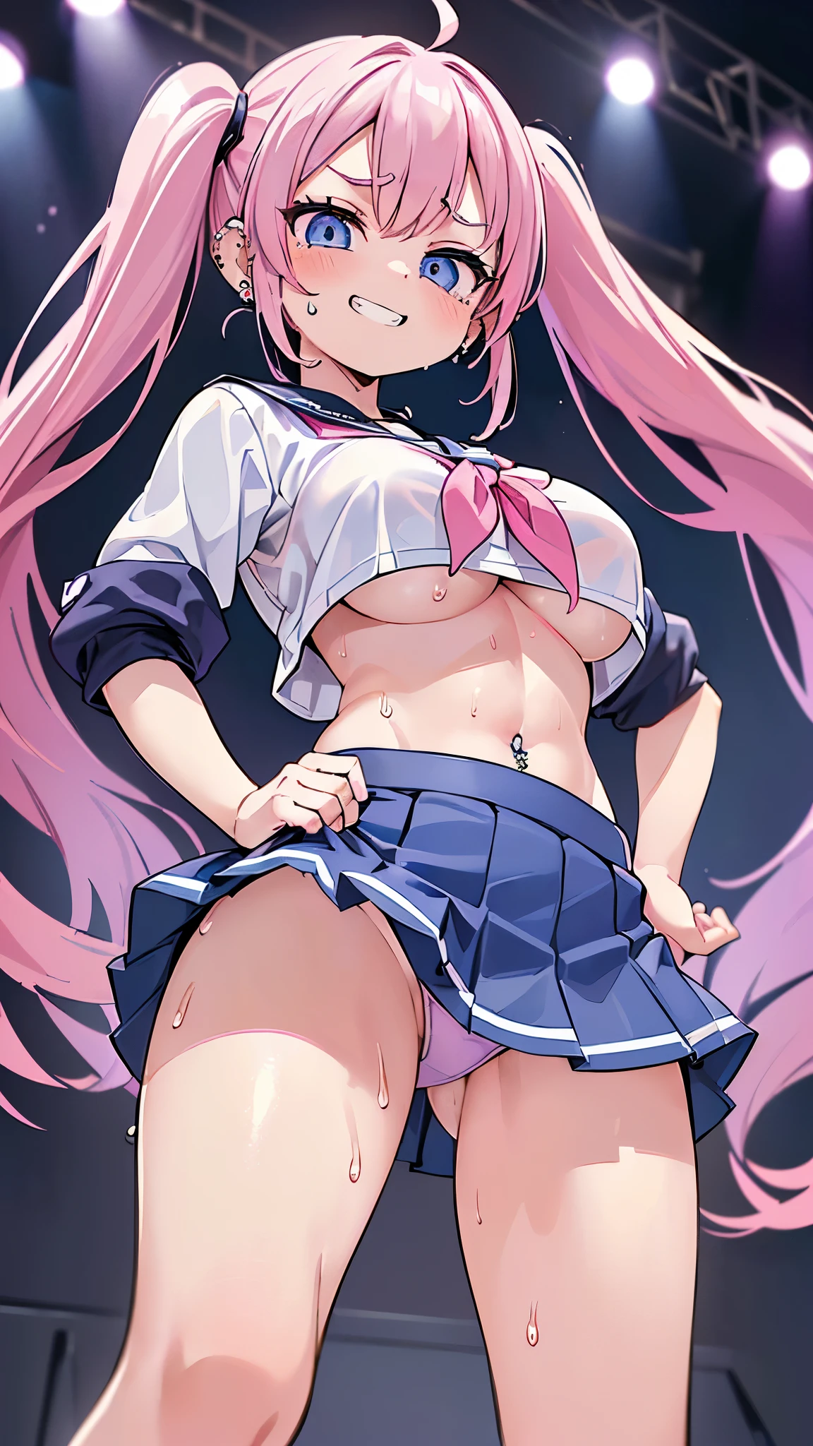 ((masterpiece、Highest quality、Super detailed)、((One person))、((Pink Hair))、((Twin tails))、((Light blue eyes))、evil smile、((Grin))、((lots of piercings))、((Very large breasts))、((serafuku))、underboob、belly button、((Navy blue pleated skirt))、((micro miniskirt:1.4))、((panties))、Cowboy Shot、((Sweat))、Shoot from below、neon、Stage Background