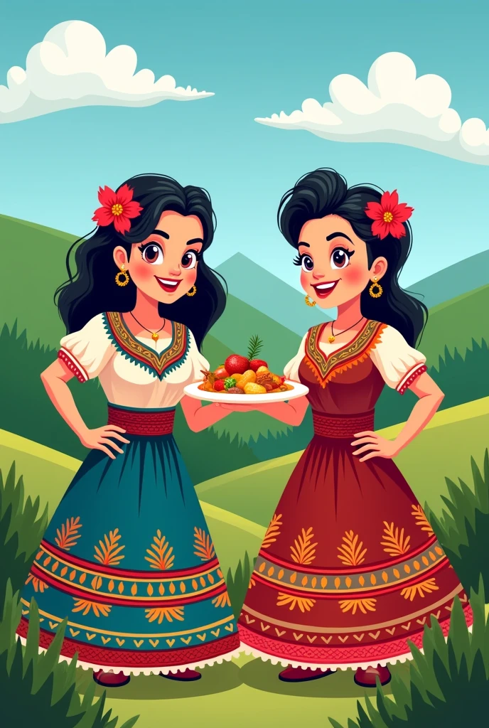 Women in traditional Guatemalan dress with a plate of food in their right hand and their left hand on their hips, cartoon