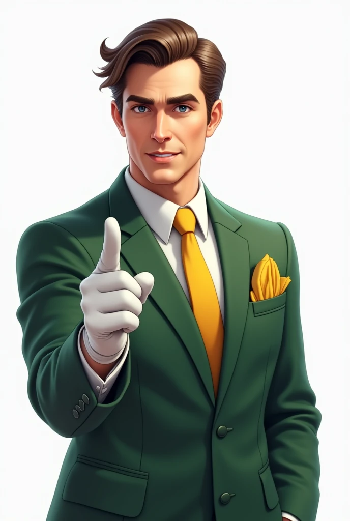 I would like a highly realistic, non-drawn image of a man from the waist up. He should be wearing a green suit, white shirt and yellow tie. The background should be a neutral environment, white and well lit. The man's hair must be combed to the side and he must wear white gloves and a yellow detail like a handkerchief or something like that in his jacket pocket.. He should point his index finger at the camera as if he were talking to someone and looking at the camera. The camera should be at eye level, capturing half of the body., and the image must be in high resolution.