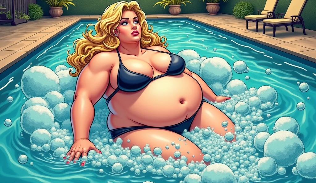 Beautiful morbidly obese blonde woman wearing a bikini swimming in and filling a pool with bubbles with her farts, comic book artstyle