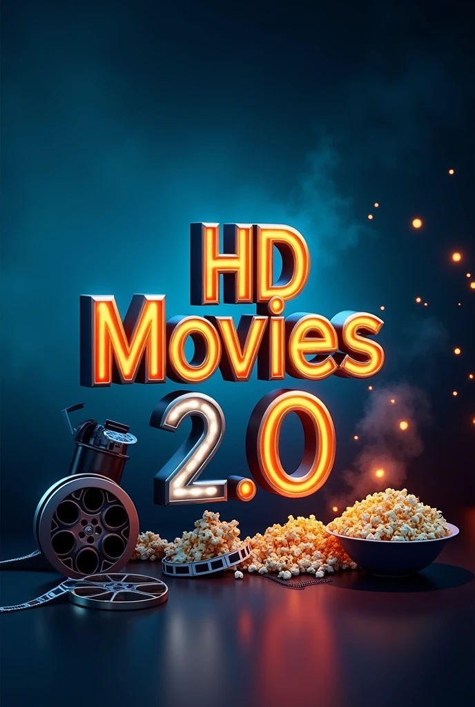 Create an image for the cover of a Telegram channel called "HD Movies 2.0". The image must have a modern and vibrant design, with film-related elements, like a movie screen, film rolls, popcorn and a movie theater. The title "HD Movies 2.0" should be highlighted, with a large, legible font, in colors that contrast with the background, like gold or silver. The background should have a soft light effect, with shades of blue and black, suggesting high definition image quality.