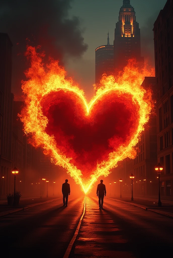 A design with a flaming heart in the center, symbolizing the intense passion and challenges faced by the gay couple. The back may have elements reminiscent of the mafia, like a burning building or a night city.