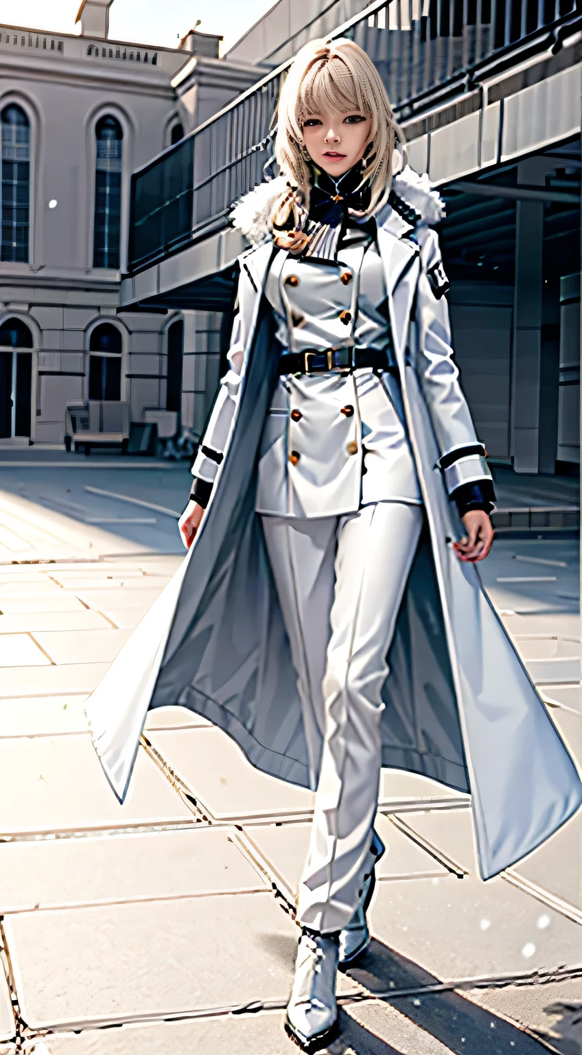 (highest resolution, distinct_image) Best quality, single person, one girl, solo, masterpiece, highly detailed, realistic, long hair, braided white blond hair, (blue highly detailed, with multiple buttons and in a military style uniform underneath the coat), depth of field, outdoor background, (falling snow), ((big breasts)), authoritative, dignified, calm and powerful expression, ambient lighting, exquisite facial features, (fur trimmed white coat), open coat, pants, looking at viewer, full body, in a terrace of a monumental building, (((front bangs))), dynamic angle, striking a pose, light smile