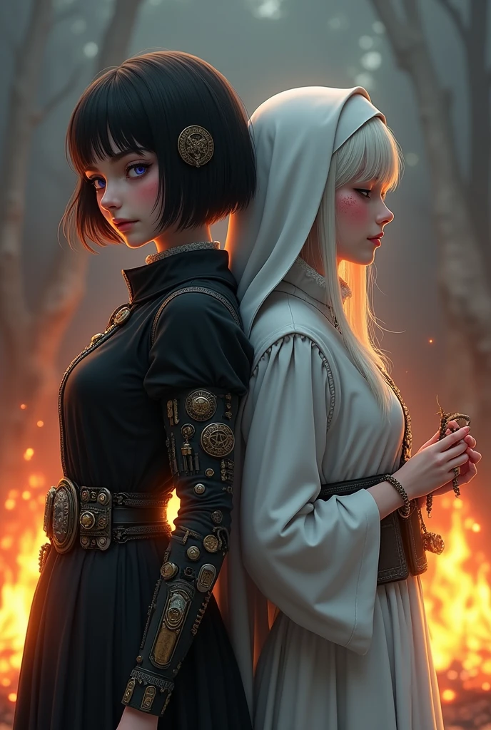 Two pale girls from the middle ages, back to back, the left with violet eye, short black hair, black alchemist robes with technology, cut on the face, the one on the left with a steampunk prosthetic left arm, with pentagram and dagger, with a look of suffering, right with white nun clothes, long white hair, eyes closed holding a rosary, with a bonfire execution in the background