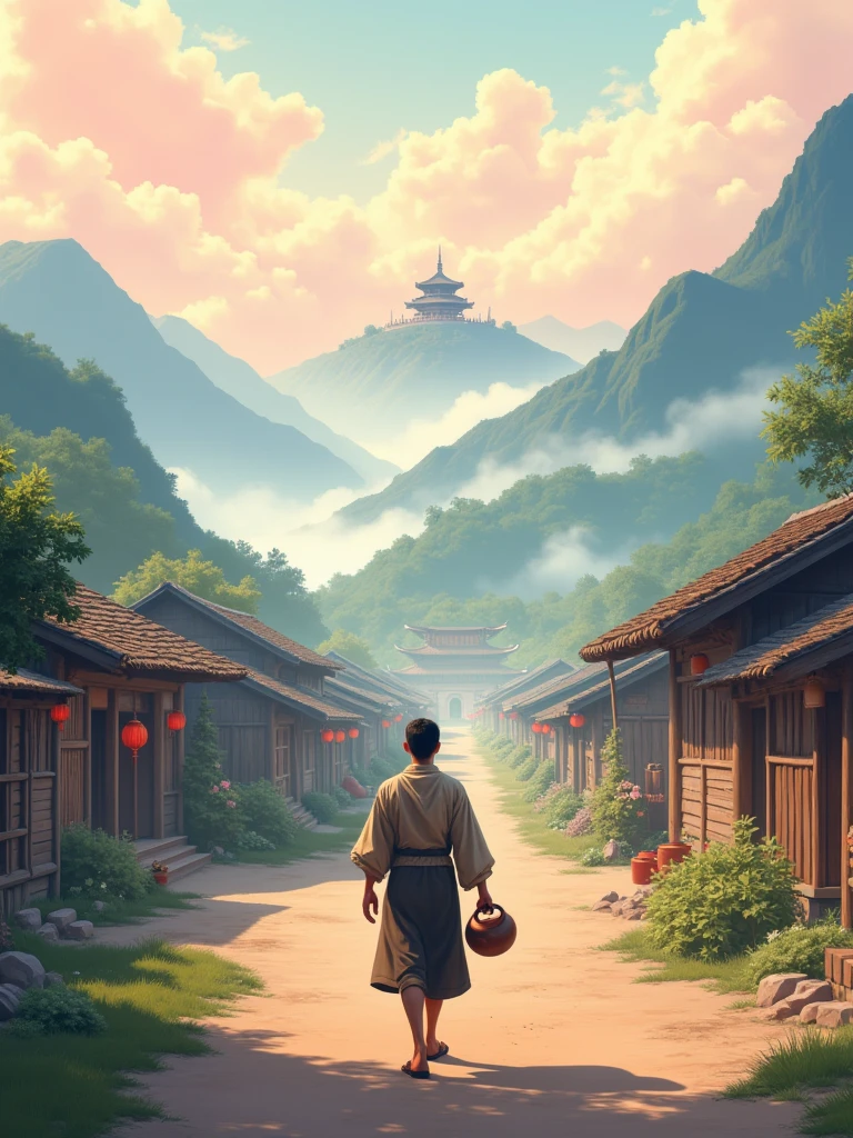 a small, serene village surrounded by majestic mountains and shrouded in morning mist. The wooden and bamboo houses with thatched roofs are simple but welcoming. The focus of the image is Li, a humble-looking young man dressed in worn but clean clothes. He walks along the dirt roads, passing villagers who smile warmly at him. Li carries an old, cracked clay pot, holding it carefully as if it were his most precious possession. The expression on Li’s face is one of determination and serenity, reflecting his resilient character. In the background, the master’s great temple, perched on a hilltop, stands imposingly, surrounded by flowering trees. The sky is tinged with soft shades of pink and orange, signaling the beginning of a new day full of promise. - - ar16:9