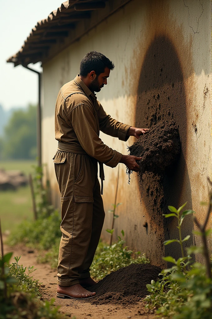 এক লোক পশুর গোবর দেয়ালে দিচ্ছিল