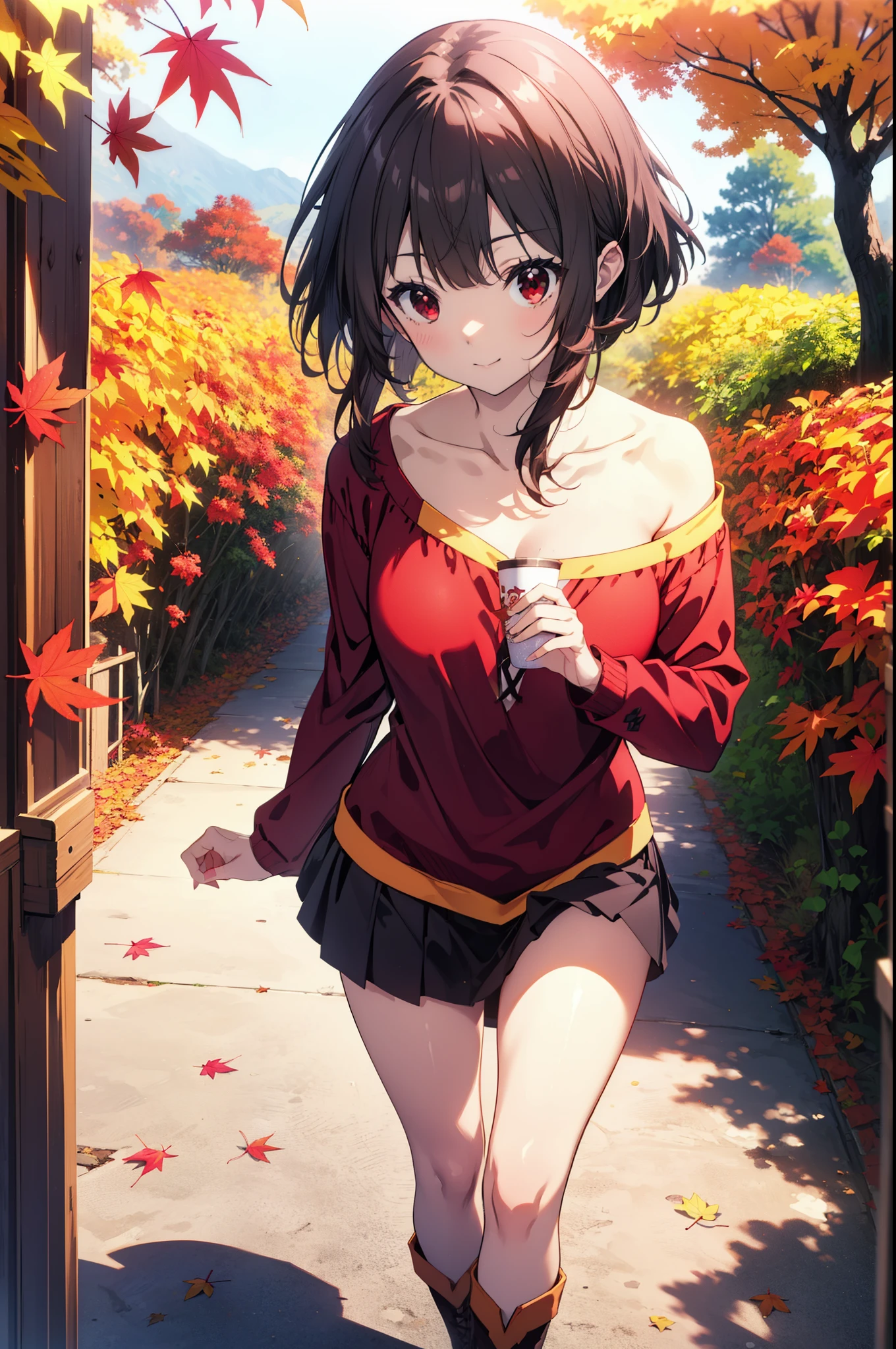 konosubaMegumin, Megumin, short hair, Black Hair, (Red eyes:1.3), short hair with long locks,smile,One-shoulder sweater,mini skirt,Black knee socks,short boots,autumn leaves,autumn leavesが積もっている,autumn leavesが散っている,Walking,Daytime,Clear skies,whole bodyがイラストに入るように,
break outdoor, forest,
break looking at viewer,whole body,
break (masterpiece:1.2), Highest quality, High resolution, unity 8k wallpaper, (figure:0.8), (Beautiful attention to detail:1.6), Highly detailed face, Perfect lighting, Highly detailed CG, (Perfect hands, Perfect Anatomy),