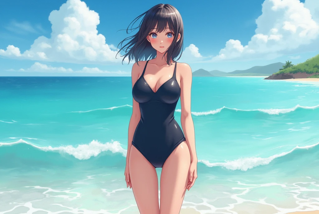 ((Highest quality))、((masterpiece))、(detailed)、Perfect Face、1 Japanese woman、whole body、Shiny school swimsuit、Beautiful down to the toes、Absolutely perfect body、Too big、Like a model、Standing at sea