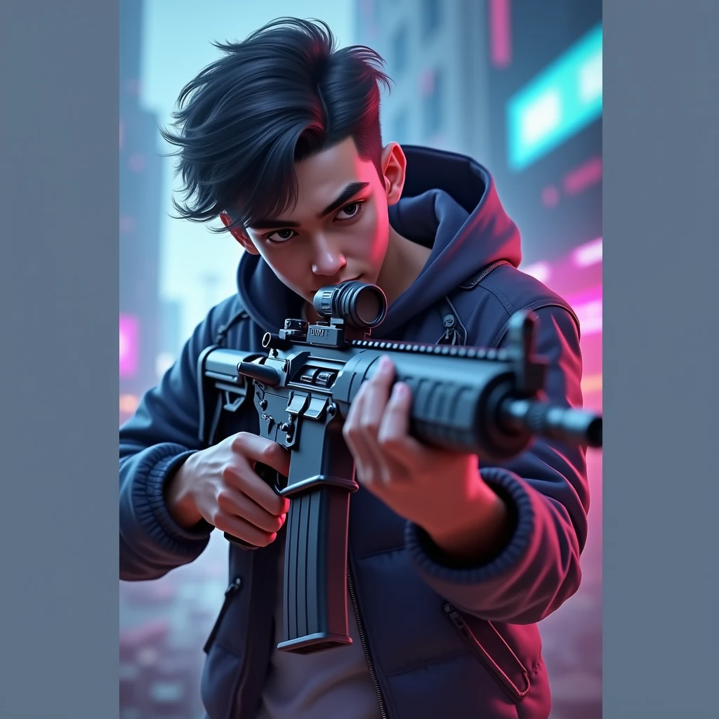 Khaleed playing Mobile Legends holding a rifle, ultra realisitic, shorth hair, gamer, purple background,cyberpunk