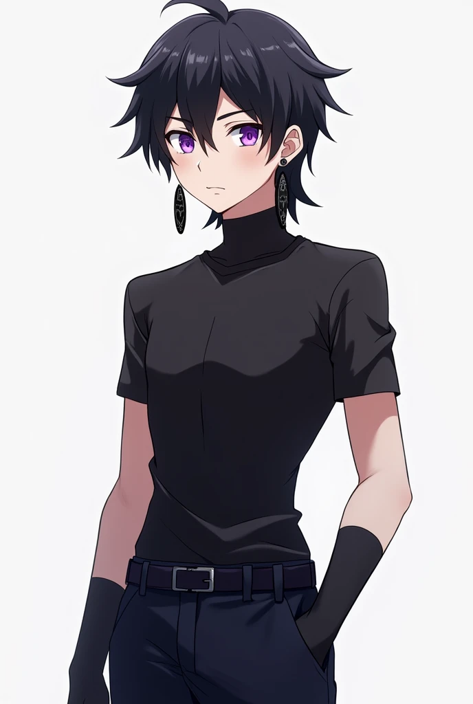 A 1 boy, pale skin, purple eyes, black mid hair, atlhetic body, uses black clothes, use black earrings, anime style
