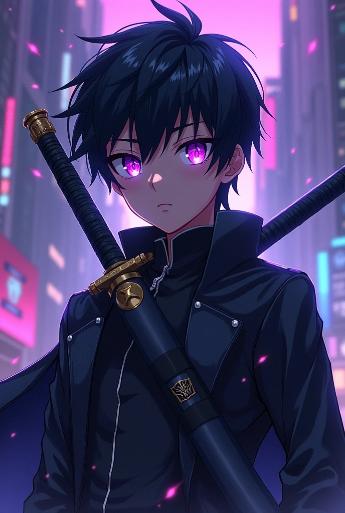 Create an anime character with these characteristics, He is a boy. She has black hair and her eyes glow deep purple., wears a black gabardine jacket, and carries two swords. Belongs to the Autobots Elite Guard 