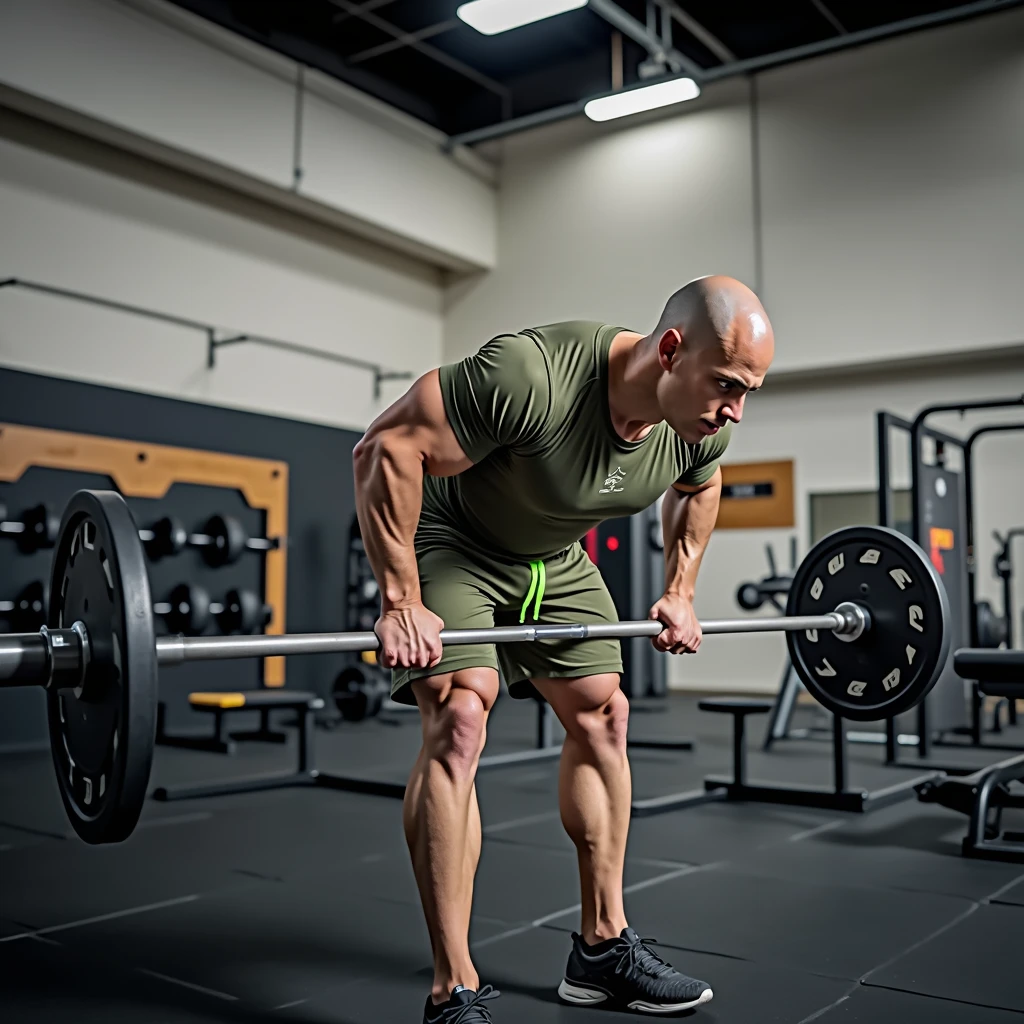 High Detail RAW Color Photo Professional Photo. A tall, muscular man with a shaved head and pale skin is in a gym, positioned in a bent-over row stance, mirroring the pose seen in the reference image. He is wearing a fitted olive-green athletic t-shirt that highlights his broad shoulders and strong arms, along with black sports shorts with a neon green drawstring, showcasing his powerful legs. His feet are planted firmly on the ground, with his hands gripping a barbell, his muscles visibly tensed as he performs the exercise. The gym environment is well-lit, with a clean, modern design, featuring various workout equipment in the background. The lighting is soft, casting natural shadows that emphasize the definition of his physique and the focus on his face as he concentrates on his form. The overall scene captures the intensity of the workout and the strength of the character, UHD, retina, masterpiece, accurate, textured skin, anatomically correct, super detail, high details, award winning, high quality, best quality, highres, 4K