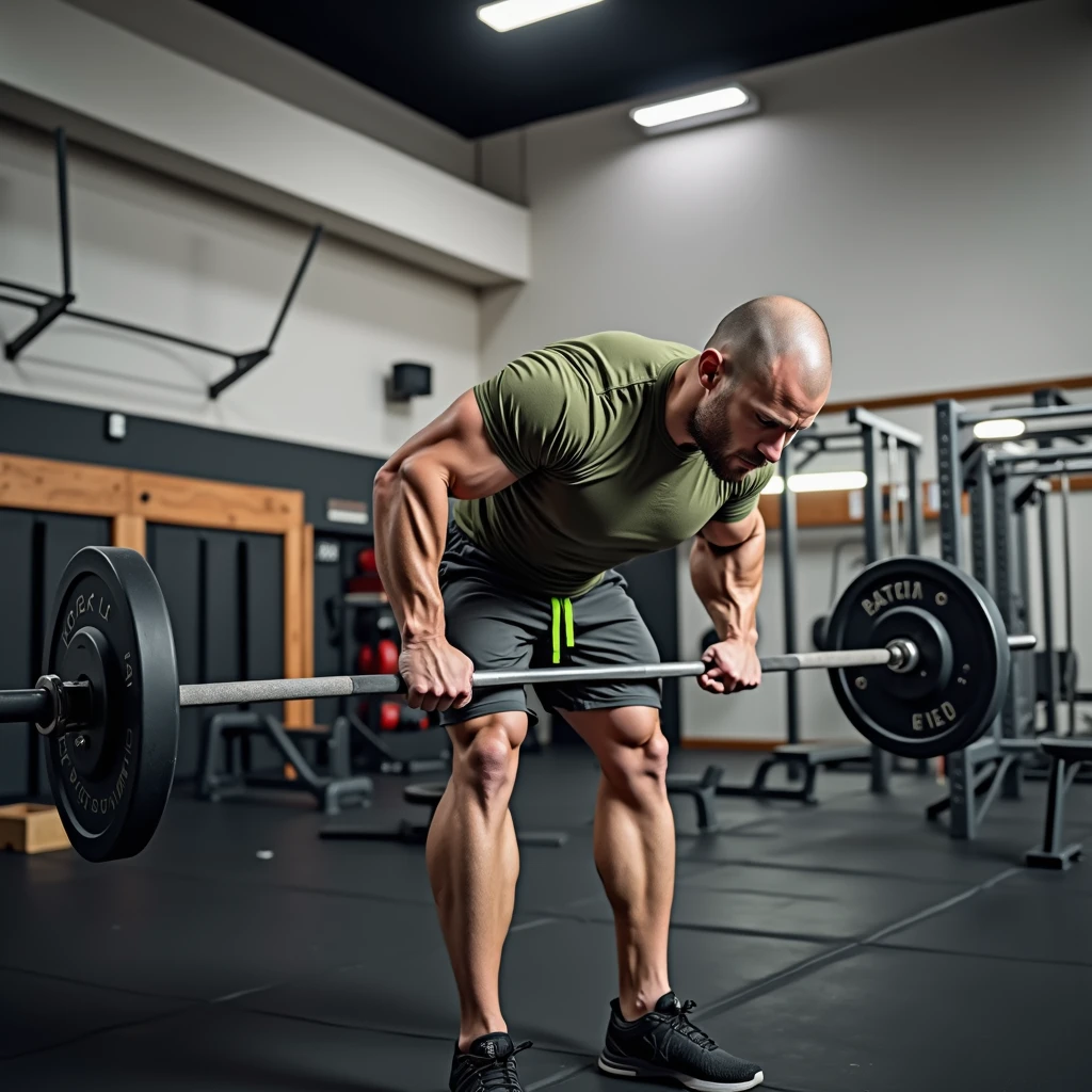 High Detail RAW Color Photo Professional Photo. A tall, muscular man with a shaved head and pale skin is in a gym, positioned in a bent-over row stance, mirroring the pose seen in the reference image. He is wearing a fitted olive-green athletic t-shirt that highlights his broad shoulders and strong arms, along with black sports shorts with a neon green drawstring, showcasing his powerful legs. His feet are planted firmly on the ground, with his hands gripping a barbell, his muscles visibly tensed as he performs the exercise. The gym environment is well-lit, with a clean, modern design, featuring various workout equipment in the background. The lighting is soft, casting natural shadows that emphasize the definition of his physique and the focus on his face as he concentrates on his form. The overall scene captures the intensity of the workout and the strength of the character, UHD, retina, masterpiece, accurate, textured skin, anatomically correct, super detail, high details, award winning, high quality, best quality, highres, 4K