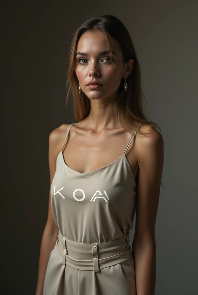 a woman wearing a minimalist fashion outfit, muted colors, KOAJ logo, high quality, photorealistic, studio lighting, detailed facial features, beautiful detailed eyes, beautiful detailed lips, extremely detailed face, long eyelashes, dynamic pose, dramatic lighting, moody atmosphere, fashion editorial, editorial photography, high-end product photography, luxury apparel, premium brand identity
