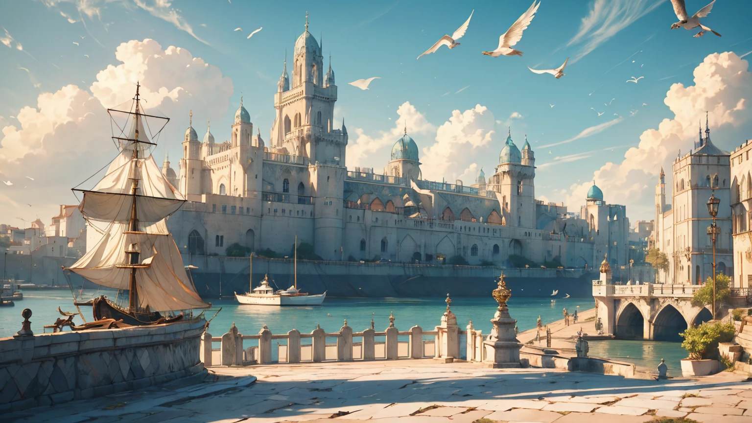 A guy with short blonde hair with bangs wearing white and gold princely clothes with white angel wings, walking along the a dock on a port next to the city in a medieval fantasy theme. (best quality, 4k, highres, masterpiece:1.2), ultra-detailed, (realistic:1.37) Additional details: The guy has a sword on his belt. His white and gold clothes are adorned with intricate embroidery and metal buckles. The dock is filled with large old wooden ships and barrels, with seagulls flying overhead. The city's walls and palace can be seen in the distance, against a backdrop of lush green mountains. (medieval, fantasy-themed:1.2) Color palette: Deep and rich pastel tones, with accents of gold and sapphire blue. (rich, pastel blue colors) Lighting: Bright sunlight streaming through the clouds, casting long shadows on the white marble road. (sunlight, dramatic shadows)