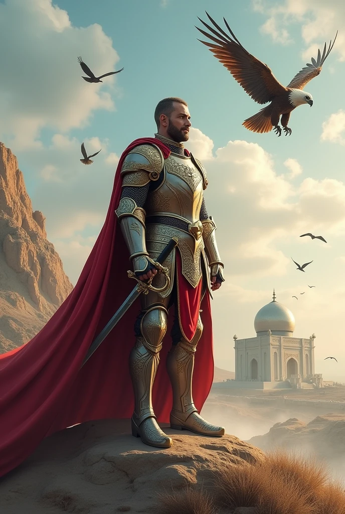 A persian knight staning on a large hill  looking right
Wearing luxury armor 
Holding down a sword in his right hand 
Modern Imam Reza Holy Shrine in background 
Some birds flying high 
An eagle flyng above knight's head 
