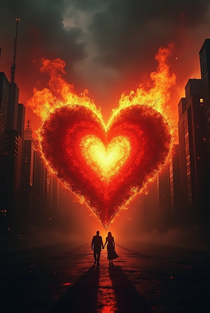 A design with a flaming heart in the center, symbolizing the intense passion and challenges faced by the gay couple. The back may have elements reminiscent of the mafia, like a burning building or a night city.