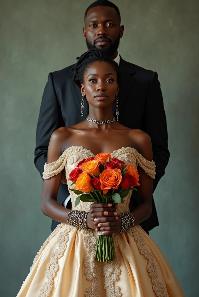 African bride in a luxurious wedding dress holding a bouquet, with chains exclusively binding her wrists. Behind her stands a tall, imposing African man in a suit jacket, radiating authority. The image captures the tension between beauty and imprisonment, with a focus on the chains around her wrists, hyper realistic beautiful photography