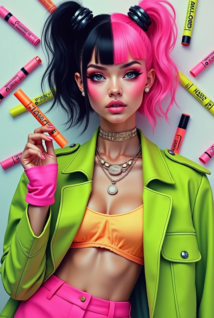 a white woman wearing a hot pink and green dress and holding a highlighter in her hand and half black and half pink hair and several highlighters around her