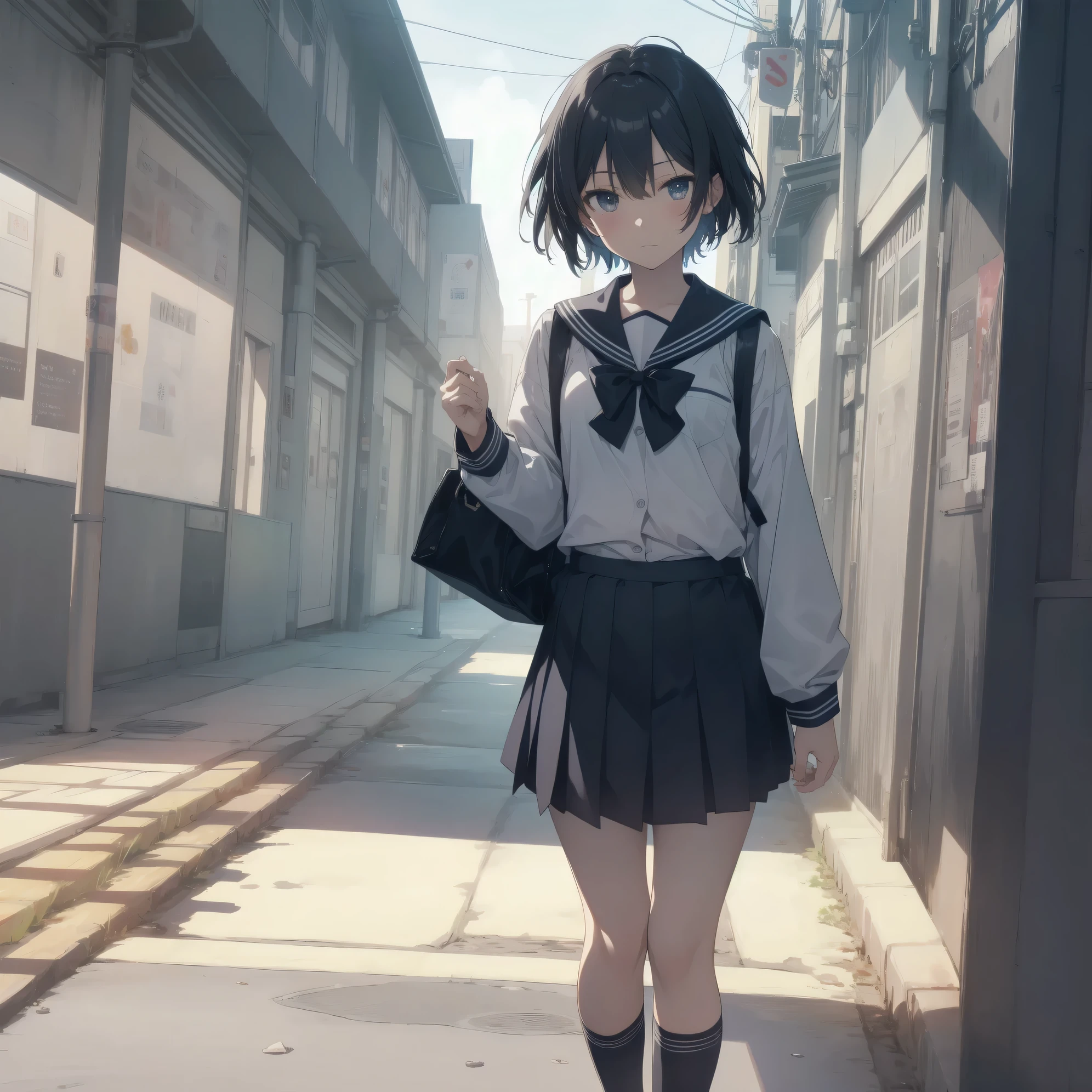 ultra-absurdres-Top quality by artist God, ultra-detailed, high resolution, anime moe artstyle, best anime 8k konachan wallpaper, pixiv contest winner, pool:2810, perfect anatomy,break, 1girl, (Please draw a girl walking sleepily to school alone. )break,(Solo,little female,15yo:1.3),Full limbs, ,a junior high school student, (very short hair), short cut, flat chest, , small butt, small black eyes, beautiful detailed eyes, well-proportioned iris and pupils, expressive eyes, highres detailed hair, soft expression, salor school_uniform, sailor collar, serahuku, bow, pleated skirt,(Detailed Lighting), (Detailed background), in the School commute route. break,super detailed skin, Best cinematic lighting powered by famous artist, 8k,beauty illustration,photoshop_(medium),very aesthetic,break,((artist:merunyaa )), artist:clamp ,artist:carnelian ,artist:kantoku ,