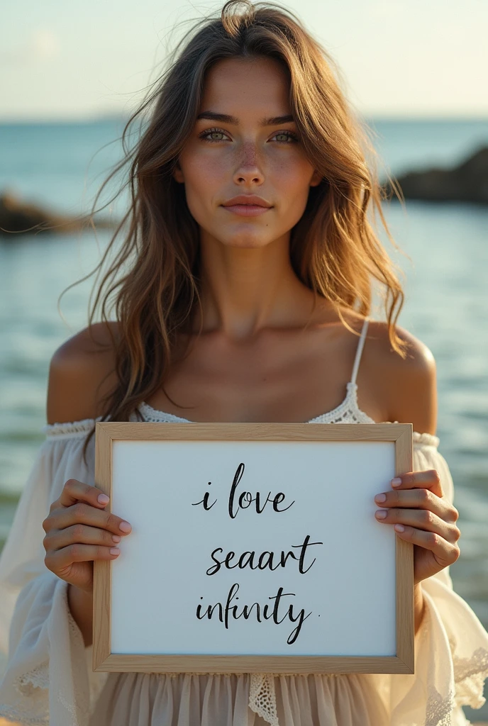 Beautiful girl with wavy long hair, bohemian dress, holding a white board with text "I Love Seaart Infinity" and showing it to the viewer