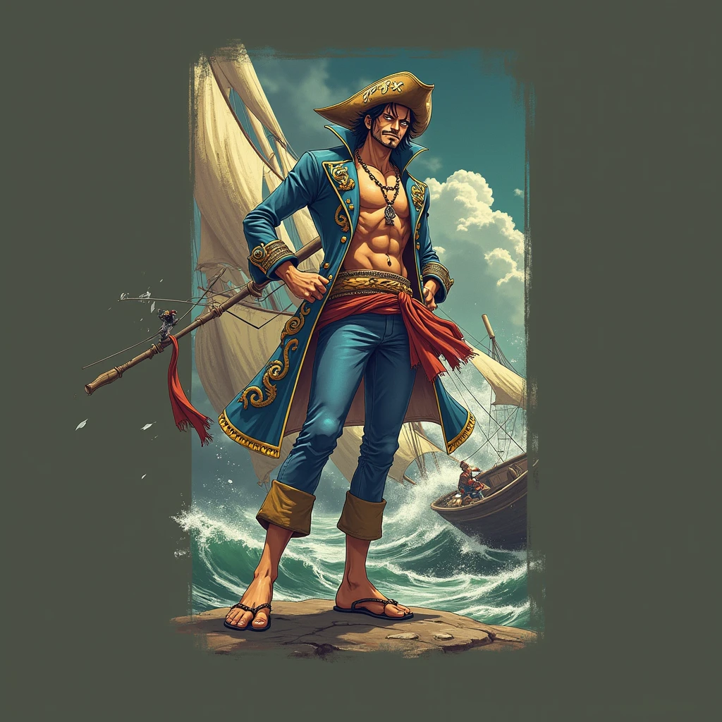 Make me an anime pirate in one piece. This picture should be high quality and coordinated to get 8 points