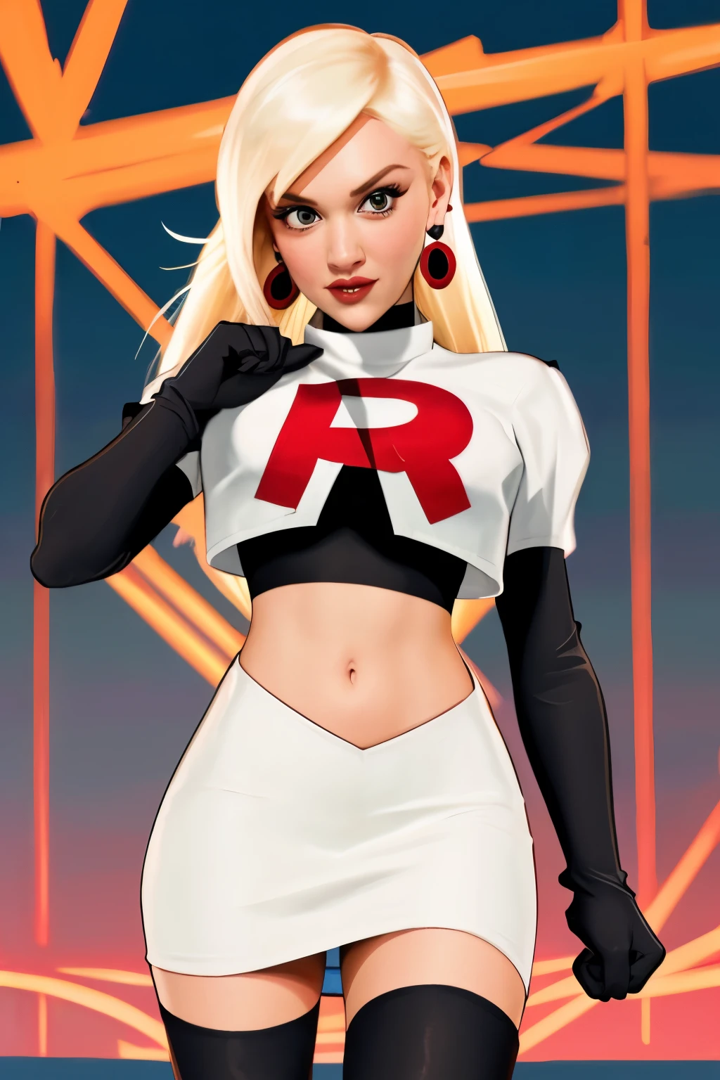 The face of Gwen stefani, 1girl, solo, team rocket,team rocket uniform,white skirt,red letter R,crop top,black thigh-highs,black elbow gloves, earrings, large breasts, 