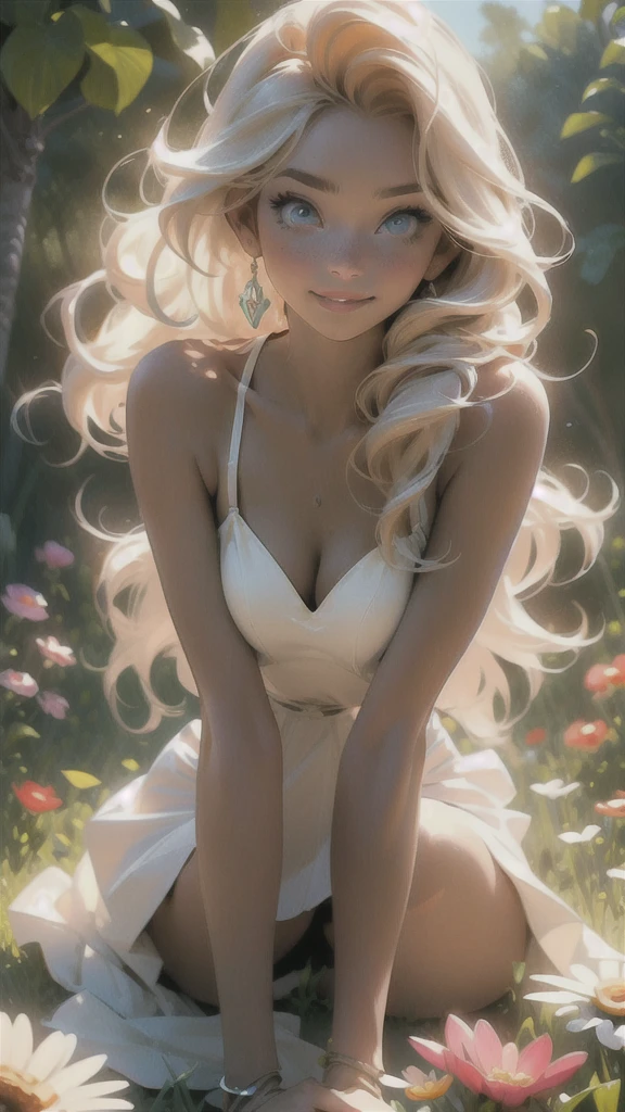 melancholy lighting, quiet, calm, brightness, masterpiece, best quality, 1girl, (JinxLol:1.2), (ultra photorealistic:1.3), (masterpiece:1.4), best quality, ((realistic)), high quality, ultra detailed, ((Real image)), ((realistic skin)), ((realistic face)),(illustration:1.05), (beautiful:1.05), (beautiful detailed eyes:1.05), (cinematic light:1.1), Full body, precise proportions, 1 girl, skinny model lying on the grass, surrounding garden,  tree shadow, GINGER BLONDIE hair fluttering in the wind, RED DRESS, long legs, feet slightly open, , blush, shyness, collarbone, abdominals, double weave, beautiful and delicate face, fair skin, real skin, (face detail), pores, super high resolution, 8k, parameters Best quality, masterpiece, super high resolution, (Realistic 2.0), More details, detailed skin, wide smile, white teeth, voluminous GINGER BLONDIE hair,  perfect and well designed eyes, girlfriend, beautiful, beautiful, flowers, studio lighting