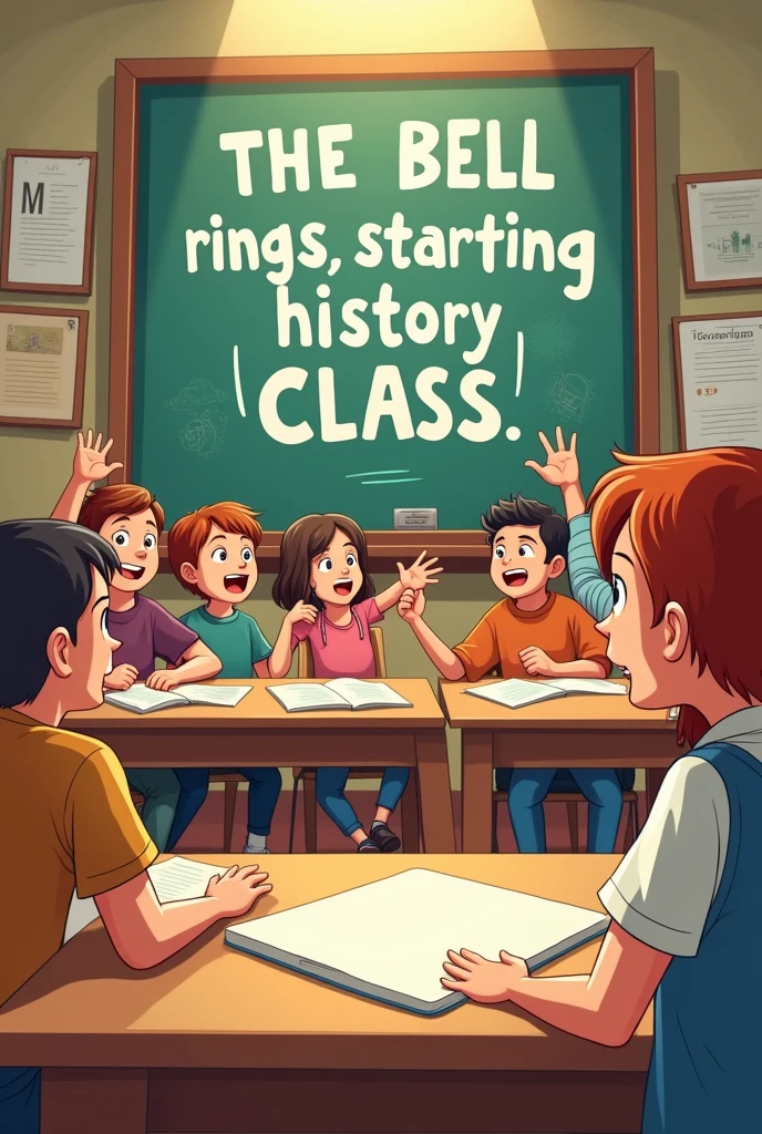 generates an image with a cartoonish text that says "The bell rings, starting history class."
