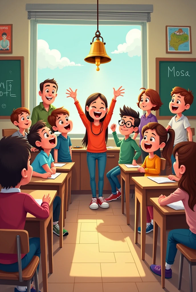 generates an image with a cartoonish text that says "The bell rings, starting history class."