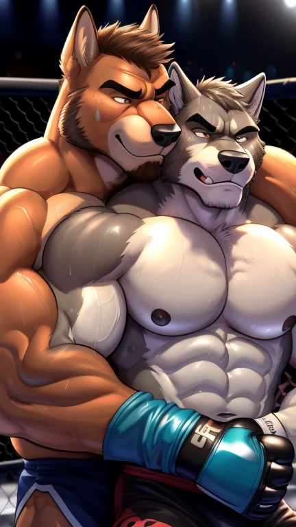 Duo male(Brown Dog fighting Gray wolf), handsomes(handsome hairstyle, Thick eyebrows, detailed face), gay(cuddling embraced, body with body, on a UFC match), hot(Shirtless), handsomes(They are handsomes, correct anatomy), musculosos(Big muscle bodies, Six packs, muscle abs, big pecs), sweaty(very sweaty wet bodies, shiny sweat), tatuajes(they have tattoos), grumpy(Both have an grumpy expression, grumpy teeths, steaming breath), UFC gloves(They both are wearing UFC gloves), Hight resolution, by(Zourik:1.1)