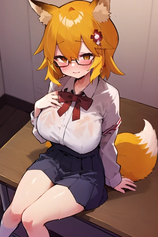 Super high resolution, detailed background, school cafe, joyful(kemono, furry anthro), naked, mascot boy, Kemoshota,  , mascot, sweat, sweat drops, tusk, tail, dynamic angle, navel, nipples, naked, cafe, bow tie, slipped