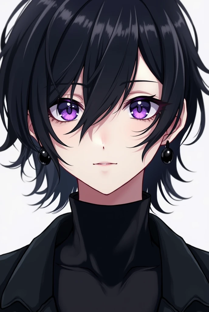 A 1 boy, pale skin, purple eyes, black mid hair, atlhetic body, uses black clothes, use black earrings, anime style, close view 