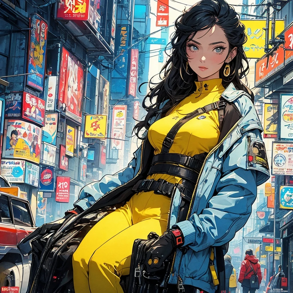(masterpiece, highest quality), 32K,(highly detailed beautiful woman), poster,SF,1960s,1970s,bauhaus, shape, abstract,movie poster, vintage,retro,futuristic anime,ultimate map,highlight,highly detailed glowing eyes,cleavage,complicated pattern,Stylish hairstyle,fluorescence((yellow clothes)),Starry Sky,Cyberpunk street fashion,