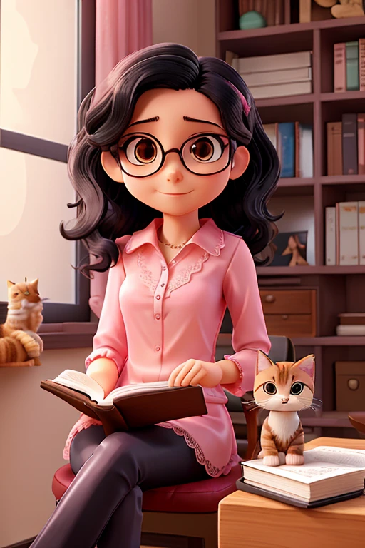 4 woman with short black wavy hair and transparent glasses wearing pink pants and a white lace blouse sitting on a chair with her legs crossed reading a book and with a kitten by her side. 
